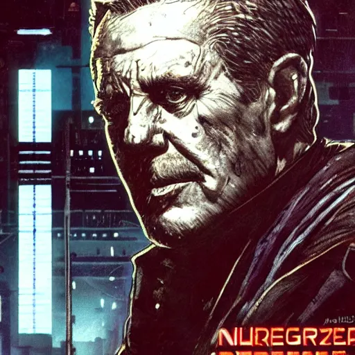 Image similar to Armitage from the novel Neuromancer, washed up, old ex military, old man, portrait shot, wires, cyberpunk, dramatic light, cyberpunk city in the background, movie illustration, poster art by Drew Struzan