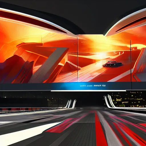 Image similar to sci-fi cars race : near wall structure on : the coronation of napoleon painting : and digital billboard in the middle, in style of zaha hadid, suprematism composition, unreal engine 5, keyshot, octane, artstation trending, in lighting of blade runner 2049, ultra high detail, ultra photo realistic, 8k, 16k, in plastic, dark, tilt shift,