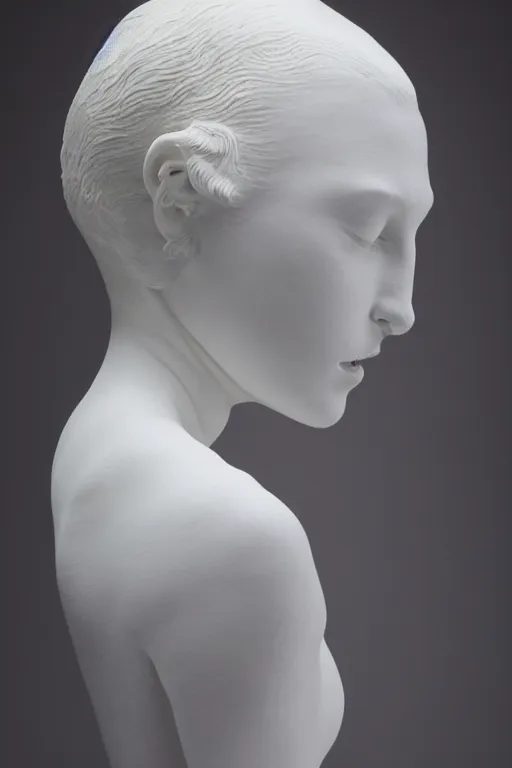 Image similar to full head and shoulders, beautiful female porcelain sculpture by daniel arsham and james jean, smooth, all white features on a white background, real reflective hair made from solid gold twisted on top of head, delicate facial features, white eyes, white lashes