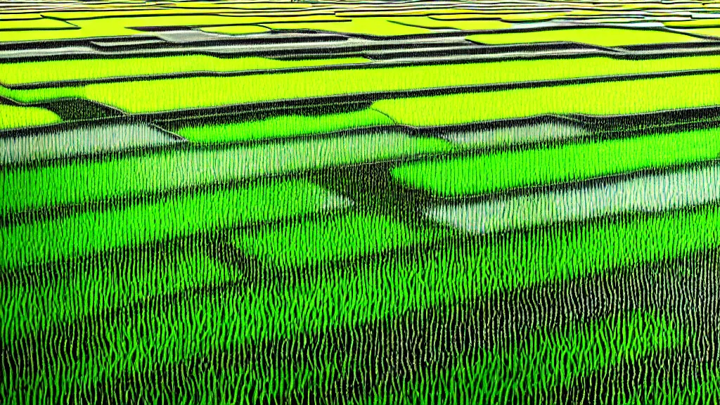 Image similar to a rice field in toyama city, japan, a collage painting, in the style of wes anderson, lola dupre, david hockney, isolated on negative white space background dark monochrome neon fluorescent spraypaint accents volumetric octane render