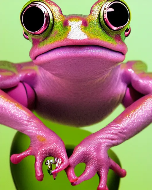 Image similar to natural light, soft focus portrait of a cyberpunk anthropomorphic frog with soft synthetic pink skin, blue bioluminescent plastics, smooth shiny metal, elaborate ornate head piece, piercings, skin textures, by annie leibovitz, paul lehr