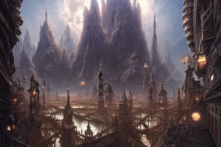 Image similar to a beautiful and insanely detailed matte painting of an advanced sprawling civilization with surreal architecture designed by akihiko yoshida!, whimsical!!, epic scale, intricate details, sense of awe, elite, fantasy realism, complex layered composition!!