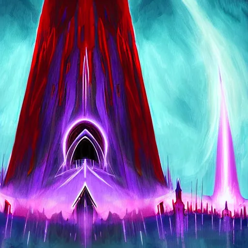 Prompt: WTC Twin Towers red-hooded magicians casting purple colored spells at towers, white glowing souls flying out of the towers to the black hole digital painting in the style of The Lord of the Rings