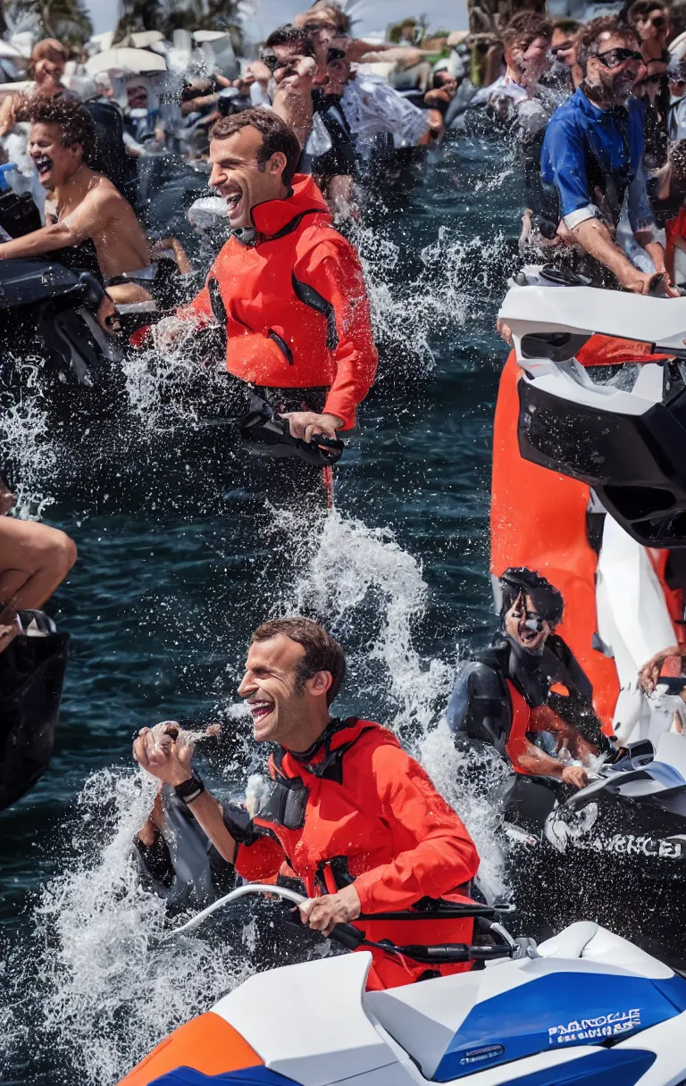 Image similar to portrait of emmanuel macron laughing on a jetski while big fires spread