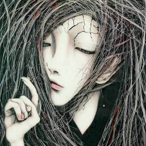 Prompt: Yoshitaka Amano realistic illustration of an anime girl with wavy white hair and cracks on her face wearing dress suit, abstract black and white patterns on the background, noisy film grain effect, highly detailed, Renaissance oil painting, weird camera angle