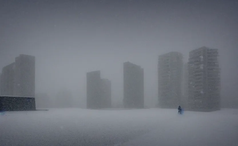 Image similar to snow falling on brutalist high rise buildings, complex ramps, balconies, stairways, white marble statues on pedestals in the background, depth of field, sharp focus, clear focus, beautiful, award winning architecture, le corbusier, frank lloyd wright, snow, fog, mist, hopeful, quiet, calm, serene