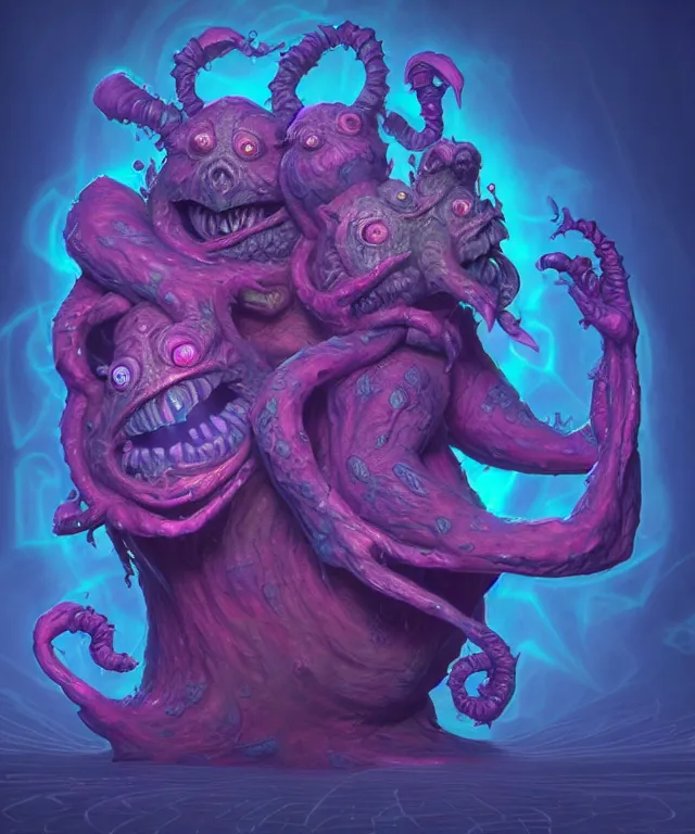 Image similar to a two headed xanathar made of bioluminescence in the art style of monsters inc, crisp 8 k line art, digital painting, artstation, unreal engine, octane render, emissive lighting, concept art, matte, sharp focus, hyper realistic lighting, illustration, deep royal blue and pink color scheme, art by alex grey