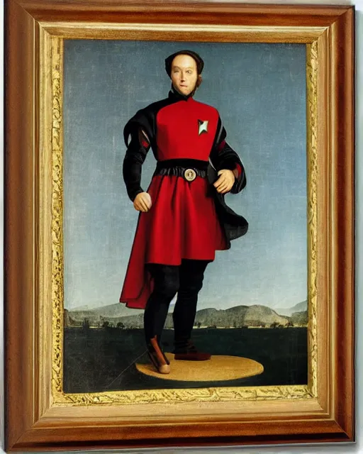 Image similar to starfleet uniform, a knight of the round table in starfleet uniform, by agnolo bronzino and giovanni bellini