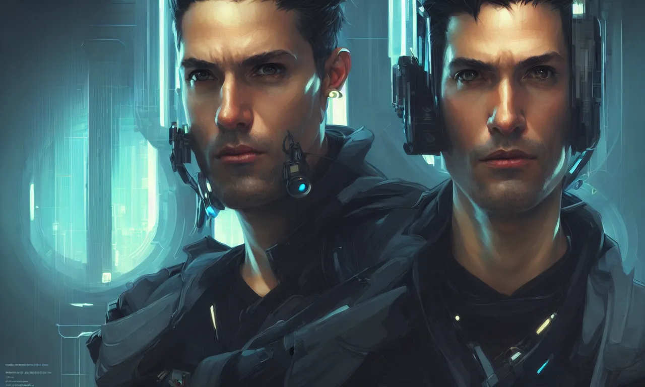 Image similar to Hacker cyberpunk man portrait, highly detailed, digital painting, artstation, concept art, smooth, sharp focus, illustration, art by artgerm and greg rutkowski and alphonse mucha