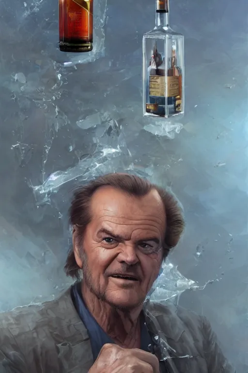 Prompt: a ship in a bottle but instead of a ship it is jack nicholson in the bottle, a young jack nicholson, fancy whiskey bottle, hyper detailed, digital art, artstation, cinematic lighting, studio quality, smooth render, by peter mohrbacher, hajime sorayama, boris vallejo, craig mullins