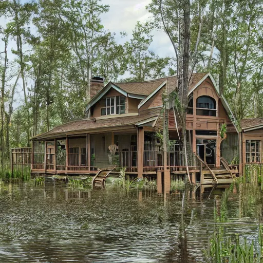 Prompt: a suburban home in a swamp,