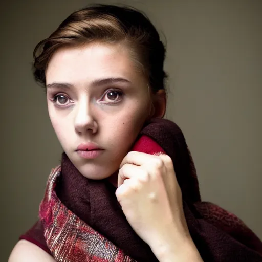 Image similar to dramtically lit, high quality studio photo of a girl who looks like 16-year old Audrey Hepburn and Scarlett Johansson, with parted lips and stunning, anxious eyes, wearing a shawl, by Steve McCurry