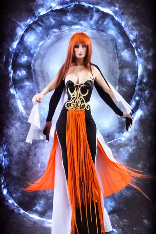 Prompt: Full body Portrait of a female elementalist, black-white skintight robes!, leggins and long skirt, golden accessories, garments, thick legs, dark red hair!, long straight hair, sculptured face, blue eyes, red lipstick, floating, orange fire/blue ice duality, dual magics, extremely detailed, by frank franzzeta, WLOP, Genzoman and gary gygax, trending on artstation, artstationHD, artstationHQ, deviantart, 16K, HD, matte painting, vibrant colors