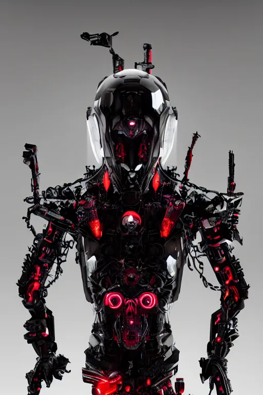 Prompt: full-body cyberpunk style sculpture of a young handsome dark god of battle, half android with a head opening exposing circuitry, glowing red eyes, black roses, flowing blood-red colored silk, fabric, candles. baroque elements, genetically augmented cyborg male. full-length view. baroque element. intricate artwork by caravaggio. Trending on artstation, octane render, cinematic lighting from the right, hyper realism, octane render, 8k, depth of field, 3D