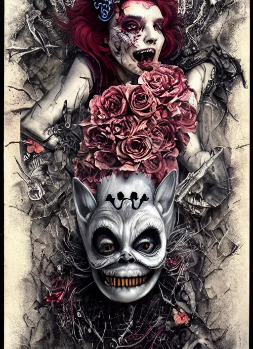 Image similar to Angry Queen of Hearts with Cheshire Cat, Death Tarot card,highly detailed,half skull face,cinematic,8k,by Stanley Artgermm,Tom Bagshaw,Greg Rutkowski,Carne Griffiths, Ayami Kojima, Beksinski, Giger,trending on DeviantArt,hyper detailed,horror, full of colour