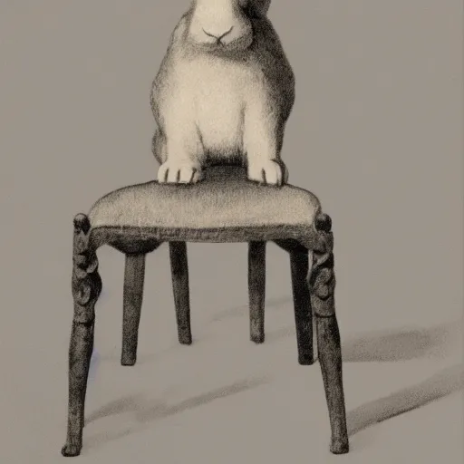 Image similar to a rabbit sitting on a chair, dramatic lighting, in the style of ilya repin