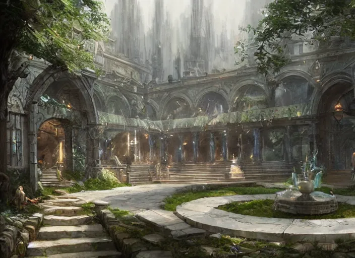 Prompt: Blacksmith inside a beautiful elven city made of white marble, anime, lush trees, fountain, a fantasy digital painting by Greg Rutkowski and James Gurney, trending on Artstation, highly detailed