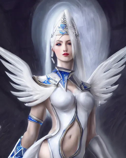 Image similar to perfect white haired egyptian goddess wearing white dove wings, warframe armor, regal, attractive, ornate, sultry, beautiful, dreamy, half asian, pretty face, blue eyes, detailed, scifi platform, 4 k, ultra realistic, epic lighting, android body, illuminated, cinematic, masterpiece, art by akihito tsukushi, voidstar, artgerm