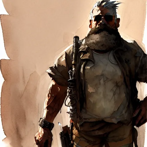 Image similar to post apocalyptic wasteland explorer, dark science fiction, bulky dude, male, old man, tan skin, huge beard, style craig mullins, watercolor