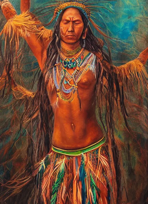 Image similar to a beautiful painting of an indigenous woman, holding up her arms to the sky, seen from behind, full body, matte painting, fantasy art, ayahuasca, highly detailed