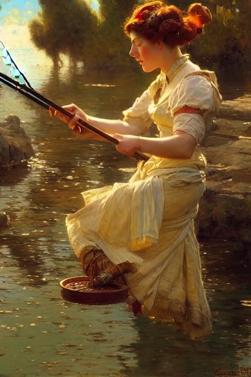 Image similar to fishing maid, highly detailed painting by gaston bussiere, craig mullins, j. c. leyendecker 8 k