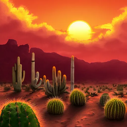 Prompt: matte painting of desert sunset with cacti, trending on artstation, 4 k, award winning