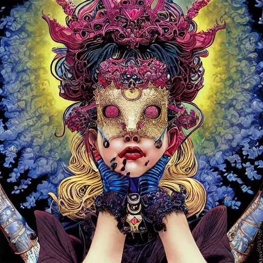 Image similar to portrait of crazy girl wearing venetian mask, symmetrical, by yoichi hatakenaka, masamune shirow, josan gonzales and dan mumford, ayami kojima, takato yamamoto, barclay shaw, karol bak, yukito kishiro