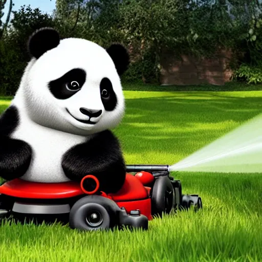 Prompt: a panda is mowing the lawn with a mowing machine, pixar