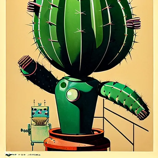 Prompt: 1950s retro cactus robot, Head room. Bionic Arms and eyes. muted colours. by Jean-Baptiste Monge, wide shot