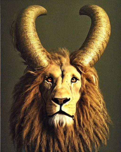 Image similar to human - eagle - lion - ox portrait. horns. beak. mane. drawn by da vinci