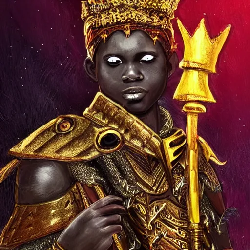 Prompt: a young black boy dressed like an african moorish warrior in gold armor and a crown with a ruby, posing with a very ornate glowing electric spear!!!! at night, for honor character digital illustration portrait design, by android jones in a psychedelic fantasy style, dramatic lighting, hero pose, wide angle dynamic portrait