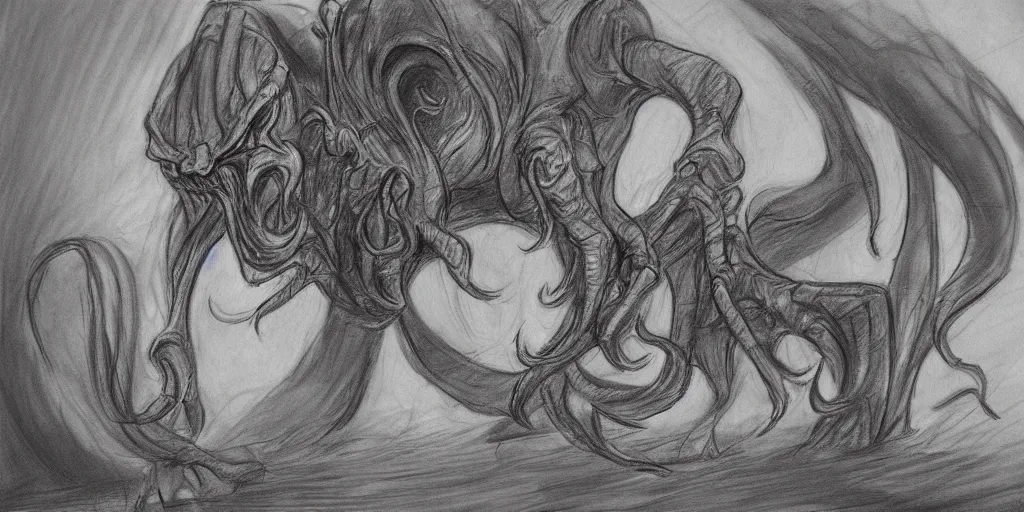 Prompt: mat painting, milt kahl pencil sketch great cthulhu rises from the ocean to consume a city