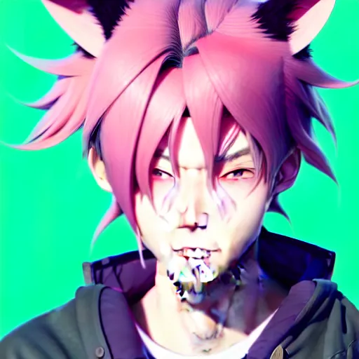 Image similar to a beautiful portrait of a handsome anime male boy with pink hair and pink wolf ears and green eyes wearing cyberpunk clothes. character design by cory loftis, fenghua zhong, ryohei hase, ismail inceoglu and ruan jia. artstation, volumetric light, detailed, photorealistic, fantasy, rendered in octane