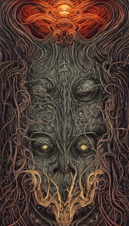 Image similar to Elden Ring and Doom themed painting of beautiful eldritch symmetrical face mask pattern concept, infinity glyph, intricate artwork by, Johnatan Wayshak, Zdizslaw Beksinski, Ayami Kojima, Amano, Karol Bak, Darius Zawadzki, and Mark Brooks, Neo-Gothic, gothic, rich deep colors, art by Takato Yamamoto, masterpiece, face by Artgerm, H.R. Giger, very coherent artwork, cinematic, hyper realism, high detail, octane render, unreal engine, 8k, High contrast, golden ratio, trending on cgsociety, ultra high quality model, production quality cinema model