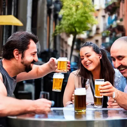 Prompt: friends drinking beer on the patio of a bar in madrid