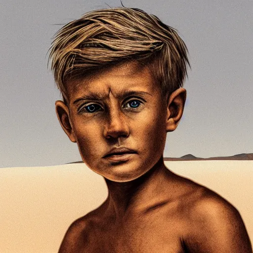 Image similar to a detailed portrait of a tan boy in the desert, art illustration, incredibly highly detailed and realistic, 8 k, sharp focus