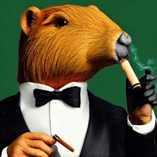 Image similar to a high detail photo of an antropomorphic capybara wearing a suit smoking a cigarrette, subject= duck, subject detail: wearing a suit, subject action: smoking a cigarrette photorealism