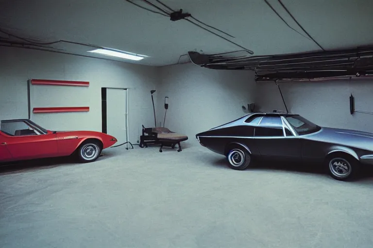 Image similar to single 1969 Alfa Romeo Montreal Thunderbird, inside of a minimalist Tokyo garage, ektachrome photograph, volumetric lighting, f8 aperture, cinematic Eastman 5384 film