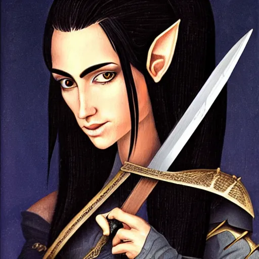 Image similar to portrait of a female black haired half - elves with two swords and pointy ears