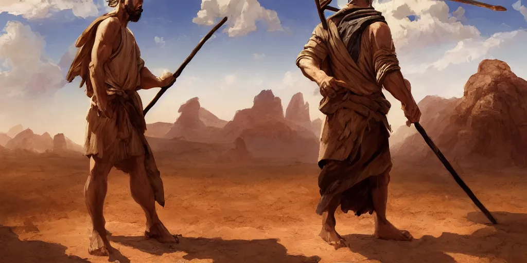 Image similar to A digital painting of a 30 year old man in Biblical clothing walking in the desert with a wooden staff in his hand, by Stanley Artgerm Lau, frank frazetta, Rossdraws, James Jean, gerald brom, Andrei Riabovitchev, Marc Simonetti, and Sakimichan, trending on artstation, SFW version
