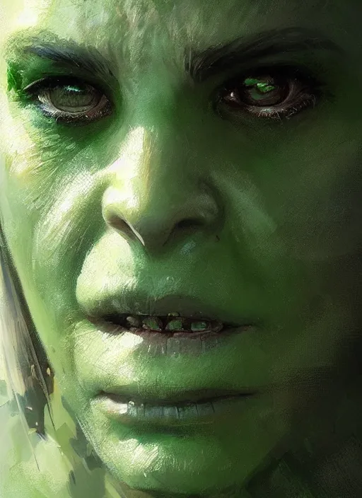 Prompt: green orc female, light green tone beautiful face, by jeremy mann, by greg rutkowski, by wlop, digital painting