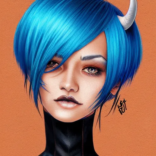 Image similar to illustrated realistic portrait of swept-back prong-horned devil woman with blue bob hairstyle and her tan colored skin and with solid black eyes wearing leather by rossdraws