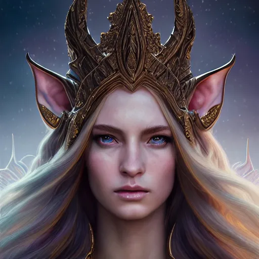 Image similar to Majestic and regal portrait of a riveting and awe inspirin girl High Elf nobility, intricate, epic, elegant, menacing, fantasy, photo realistic, digital painting, hard focus, beautiful volumetric lighting, epic light, ultra detailed, by Leesha Hannigan, Ross Tran, Thierry Doizon, Kai Carpenter, Ignacio Fernández Ríos