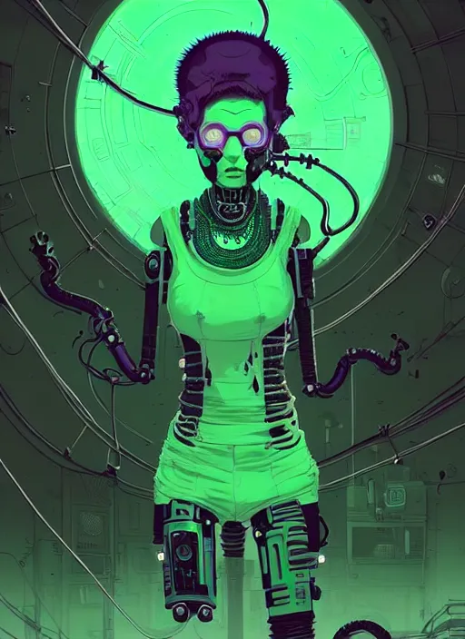 Image similar to highly detailed portrait of an angry wasteland punk long dripping green poison hair tribal android lady, stray wiring by atey ghailan, james gilleard, by joe fenton, by greg rutkowski, by greg tocchini, by kaethe butcher, 4 k resolution, gradient purple, brown black and white color scheme!!! ( ( green flaming robotic sewer background ) )