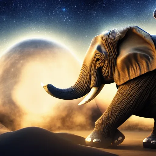 Image similar to a hyperrealistic 3D octane render of an elephant playing piano in a planetarium with planets and galaxies, trending on artstation, 8k, 4K, dramatic lighting, glowing, volumetric lighting, ray tracing, unreal engine