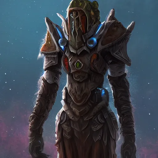 Prompt: space druid wearing ancient armor while traveling a barren planet, fantasy apocalypse, digital art, unreal engine, 4 k, highly detailed,