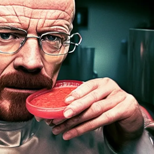 Prompt: Walter White eating pink sauce