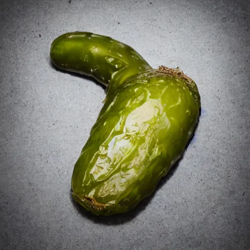 Image similar to portrait photograph of a pickle with a screaming face