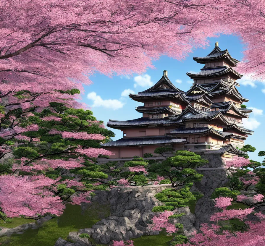 Image similar to realistic japan castle + sakura, pixel art, 3 d, unreal engine 5, wallpaper, 8 k, ultra detailed, realistic photo, artstation