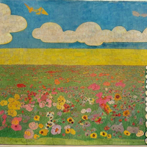 Prompt: Henry Darger colorful drawing, flowers, clouds